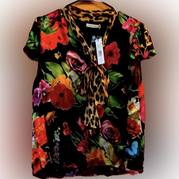 Alice + Olivia by Stacey Bendet bright lively colorful floral silk sheer blouse - Picture 1 of 7